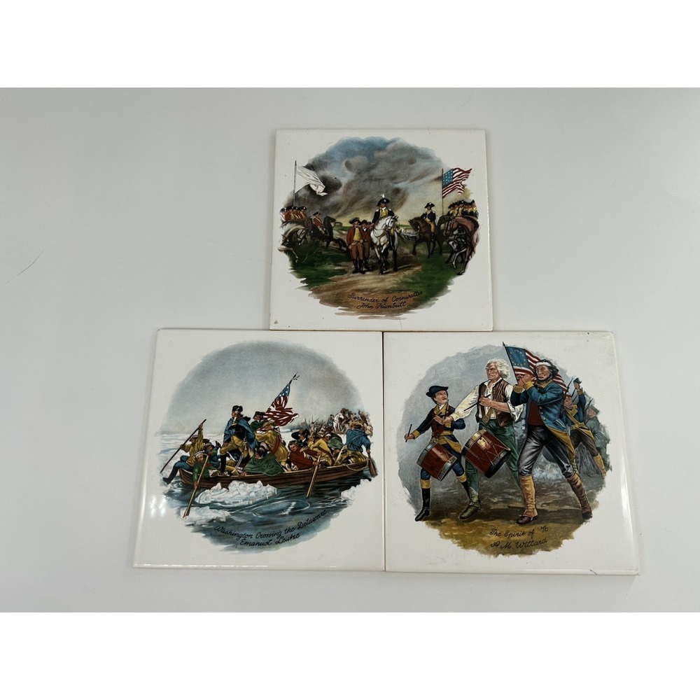 4 Vintage US Patriotic Ceramic 6" Tiles-cork backing and hanger 1776 American